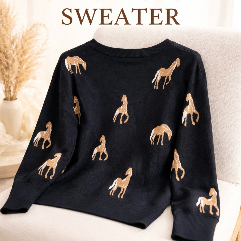 NWT Catherine Malandrino Black Horse Sweater Cozy Knit Preppy women’s small
